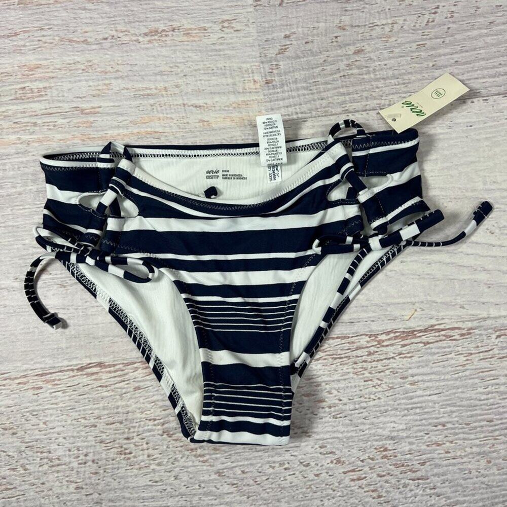Aerie Side Tie Bikini Bottom Navy White Stripe Size XXS NWT